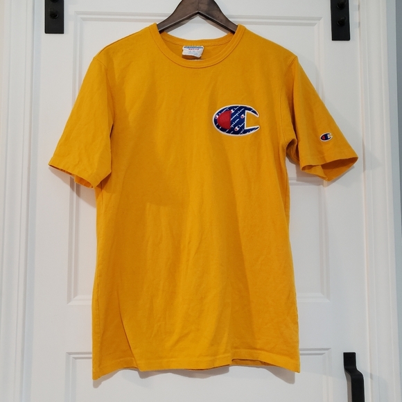 Vintage Champion Stitched Logo T Shirt Mens M Yellow Crew Neck - Picture 1 of 7